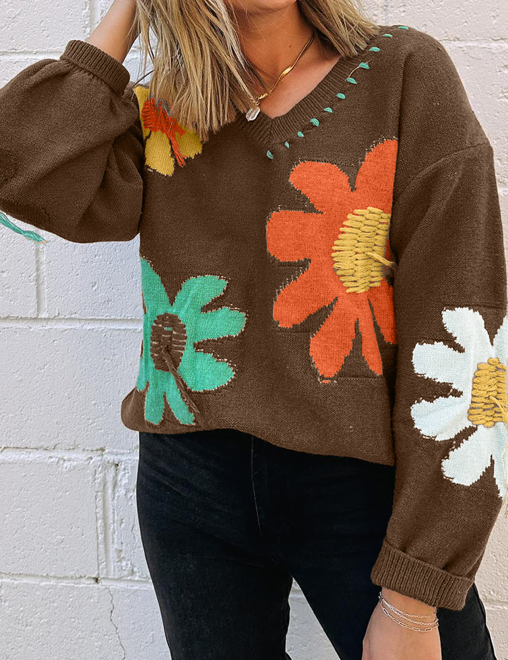 Coffee 42%Acrylic+30%Polyester+28%Polyamide Big Flower Pattern V Neck Drop Shoulder Sweater | Sweaters Daverri Fashions