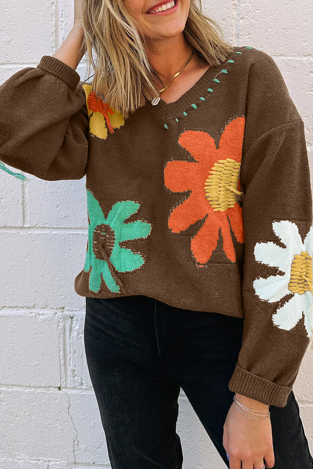 Coffee 42%Acrylic+30%Polyester+28%Polyamide Coffee Big Flower Pattern V Neck Drop Shoulder Sweater | Sweaters & Cardigans/Sweaters Daverri Fashions