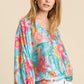 Umgee USA Full Size Floral Print Smocked Back Hem V-Neck Blouse Turquoise Blouses