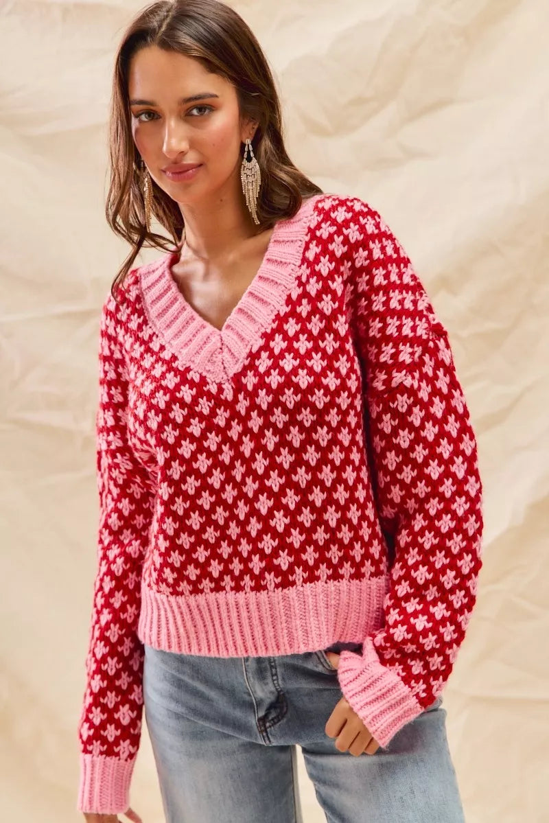 SO ME Color Block Textured Christmas Sweater V Neck Top | Sweaters Daverri Fashions