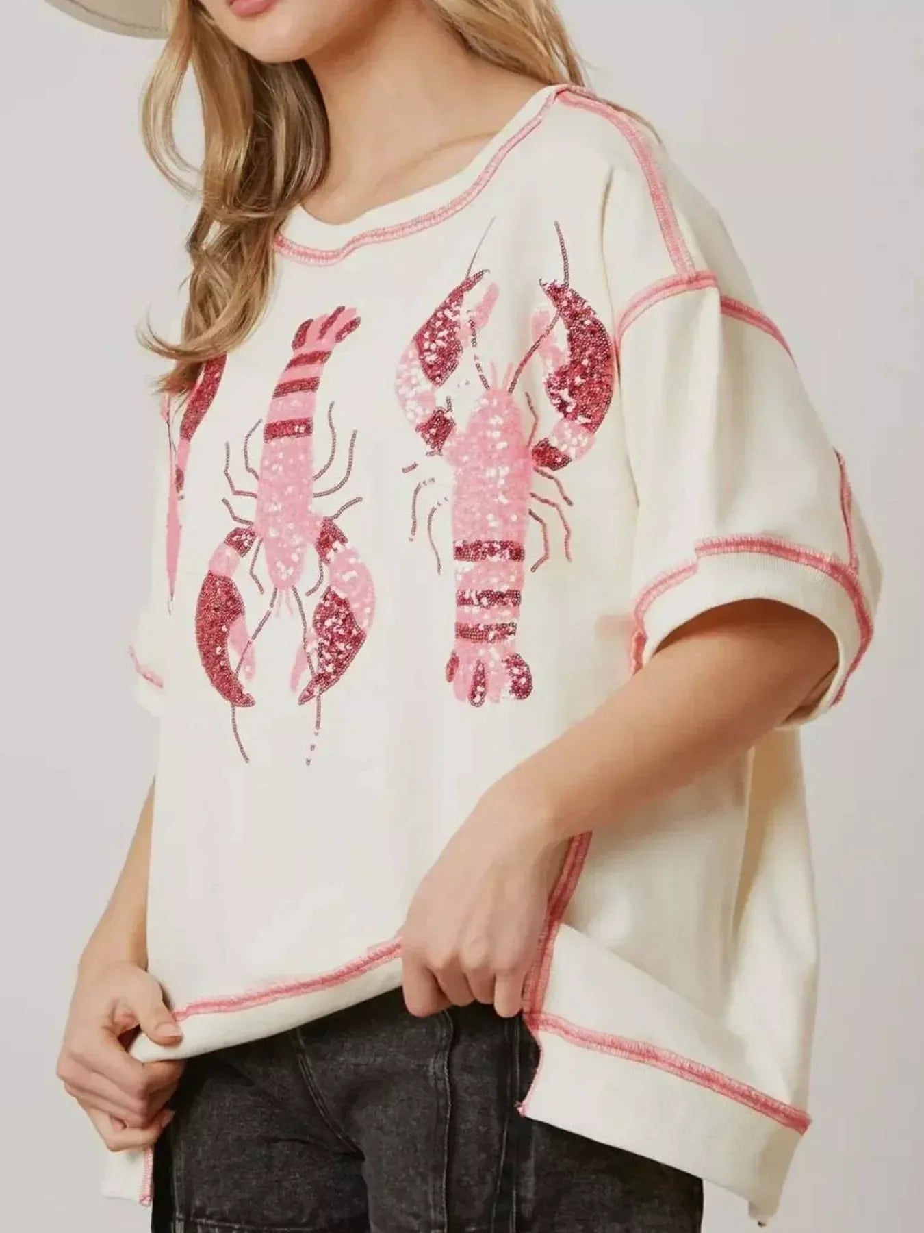 Sequin Lobster Half Sleeve T-Shirt - DAVERRI FASHIONS