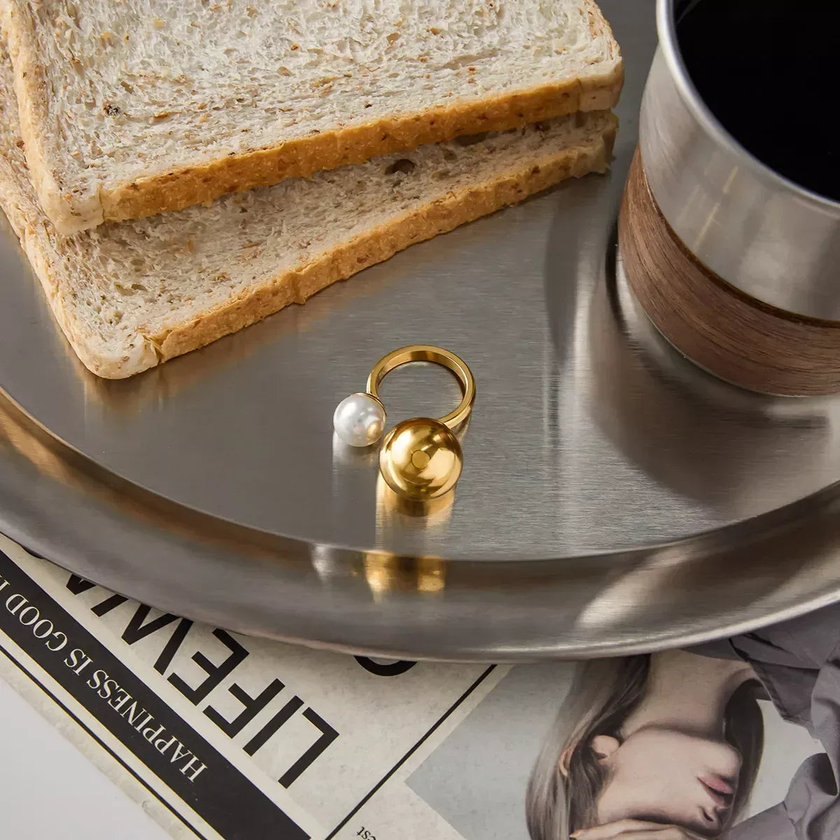 18K Gold-Plated Orb & Pearl Open Ring - DAVERRI FASHIONS