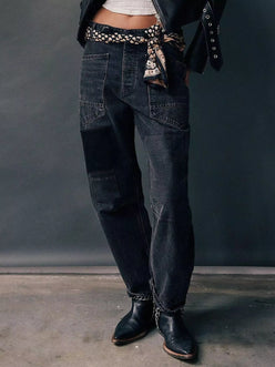 Daverri Washed Relaxed Fit Barrel Jeans in dark-wash denim with patchwork and patterned belt