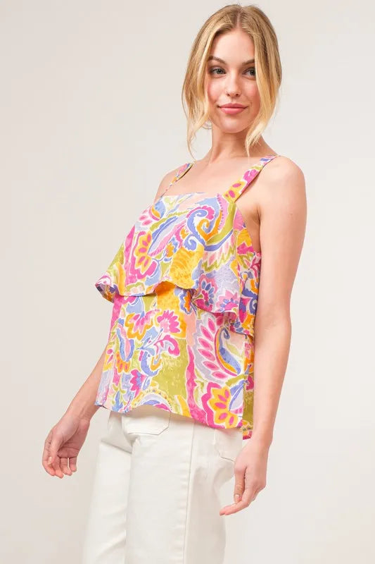 And The Why Square Neck Tiered Paisley Printed Top Tops