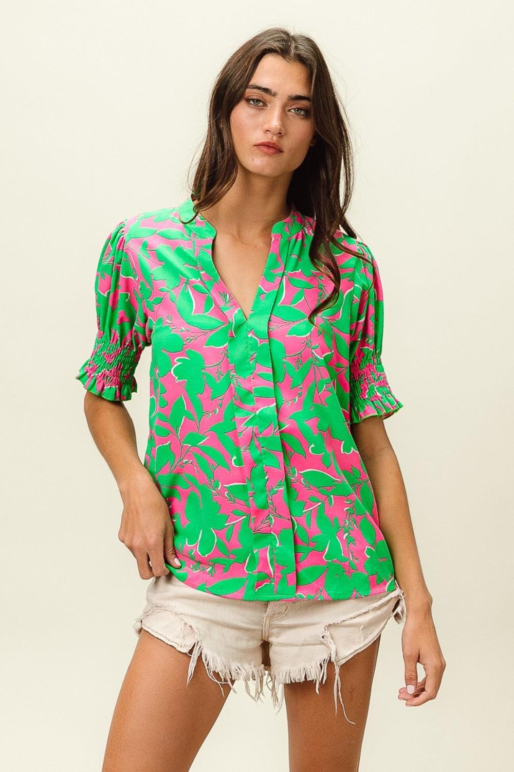 BiBi Smocked Cuff Floral Contrast Top Tops