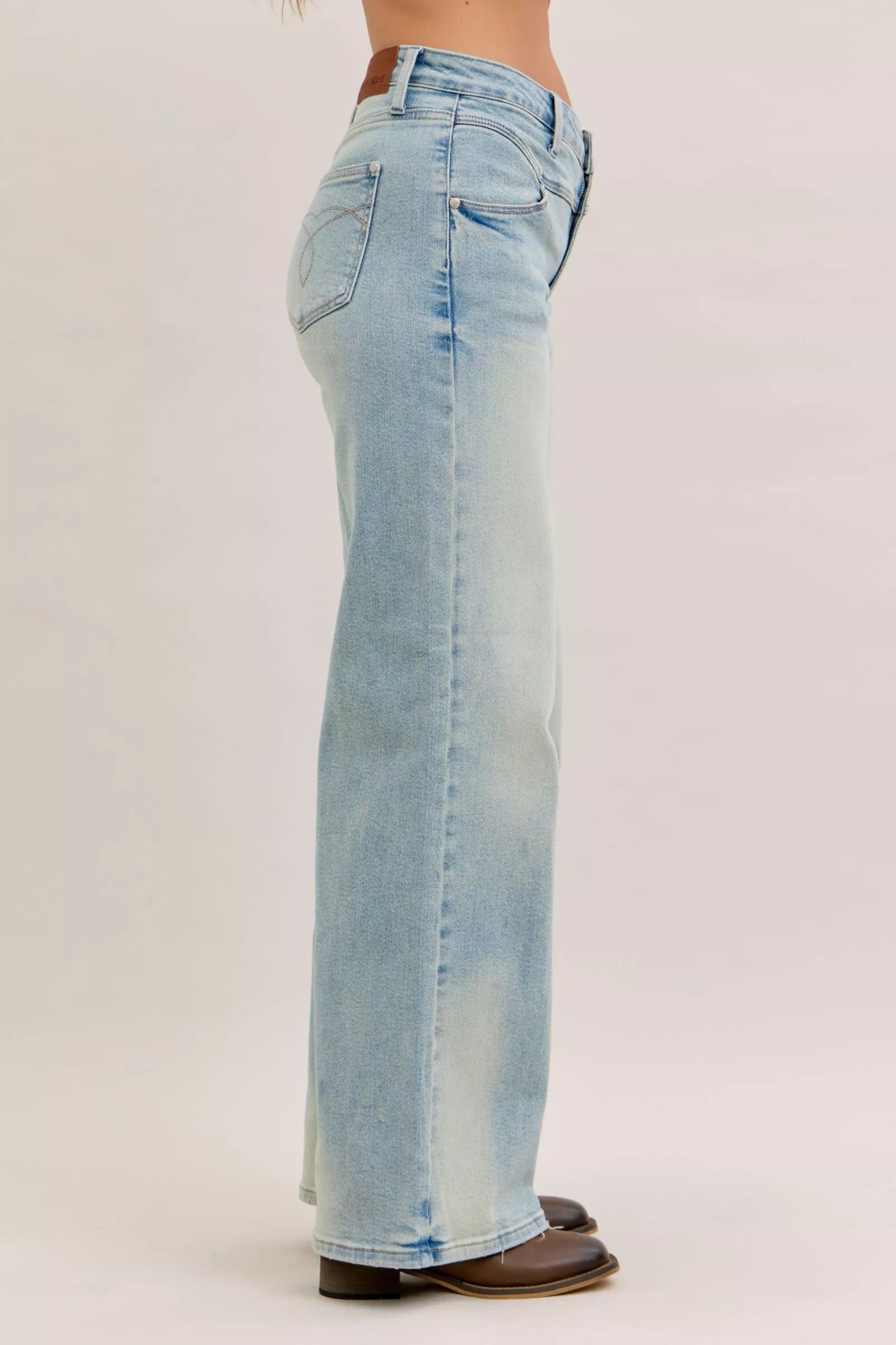 Judy Blue high-waist light-wash denim flare jeans with brown leather waistband
