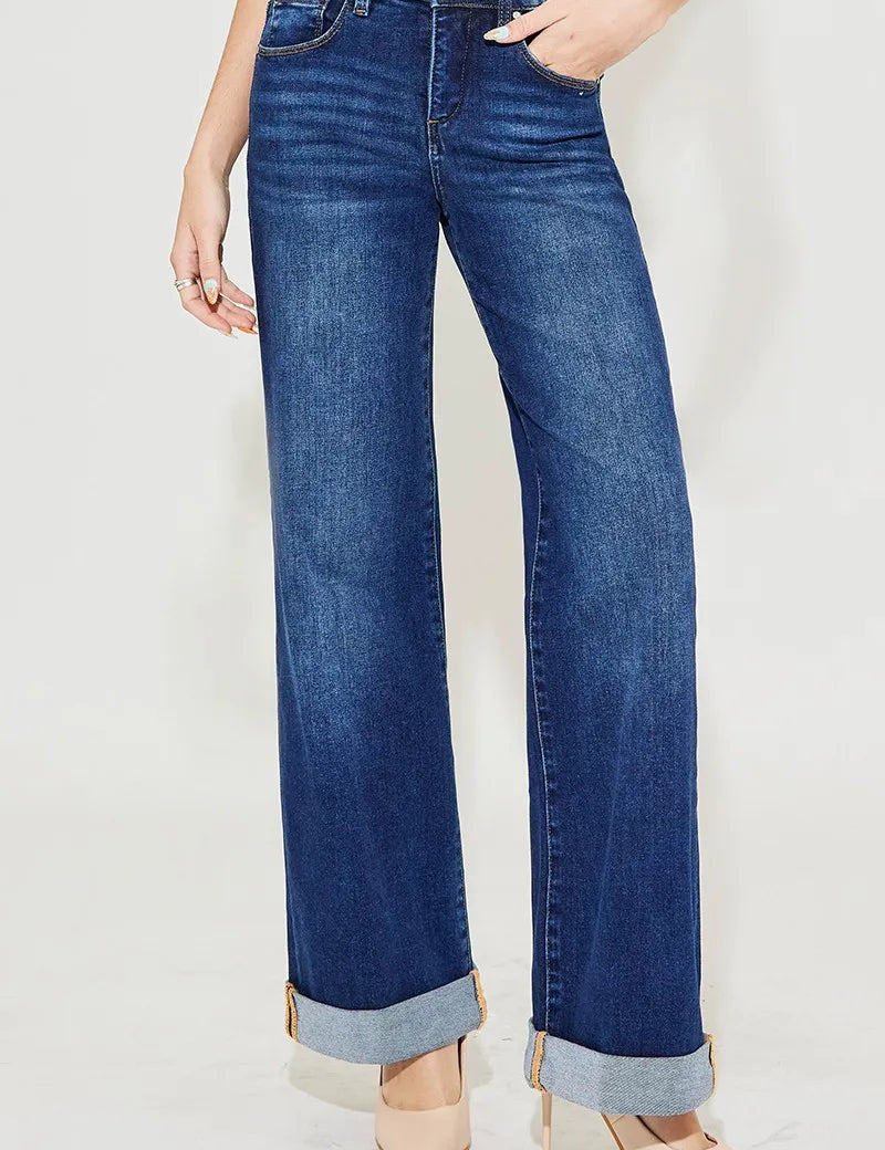 RISEN Full Size Tummy Control High Rise Wide Leg Cuffed Jeans Plus Size | Jeans Daverri Fashions