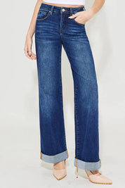 RISEN Full Size Tummy Control High Rise Wide Leg Cuffed Jeans Plus Size | Jeans Daverri Fashions