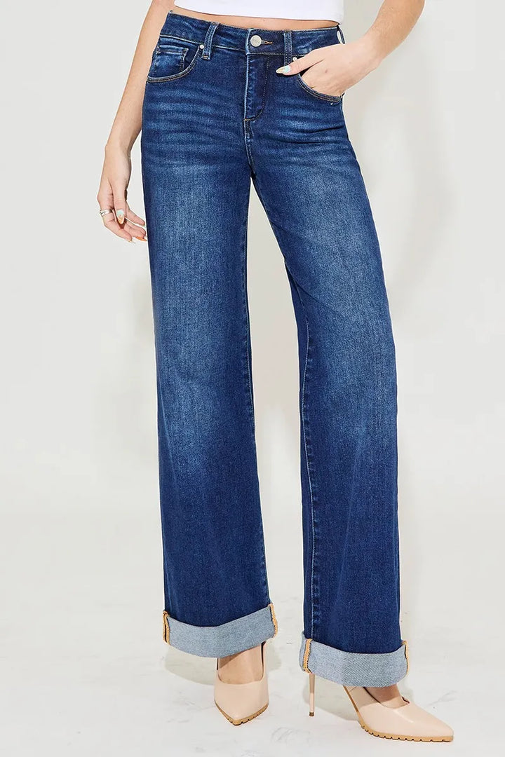 RISEN Full Size Tummy Control High Rise Wide Leg Cuffed Jeans Plus Size Jeans