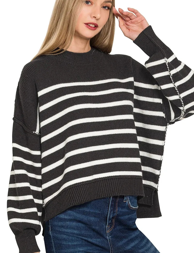 BLACK Zenana Exposed Seam Striped Oversized Sweater Black | Sweaters Daverri Fashions