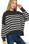 Zenana Exposed Seam Striped Oversized Sweater Black - DAVERRI FASHIONS