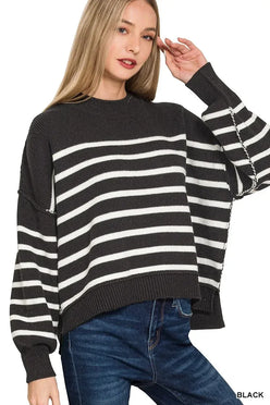 Zenana Exposed Seam Striped Oversized Sweater Black - DAVERRI FASHIONS