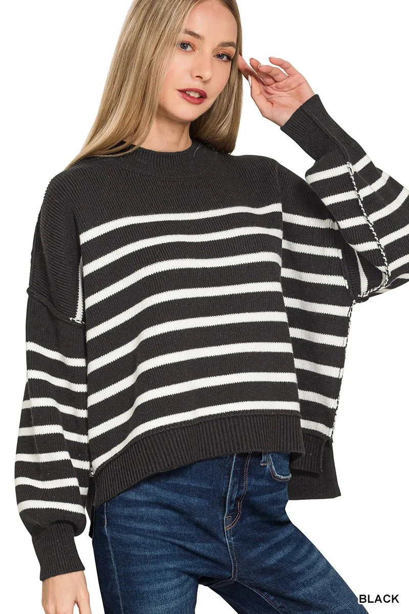 Zenana Exposed Seam Striped Oversized Sweater BLACK Sweaters