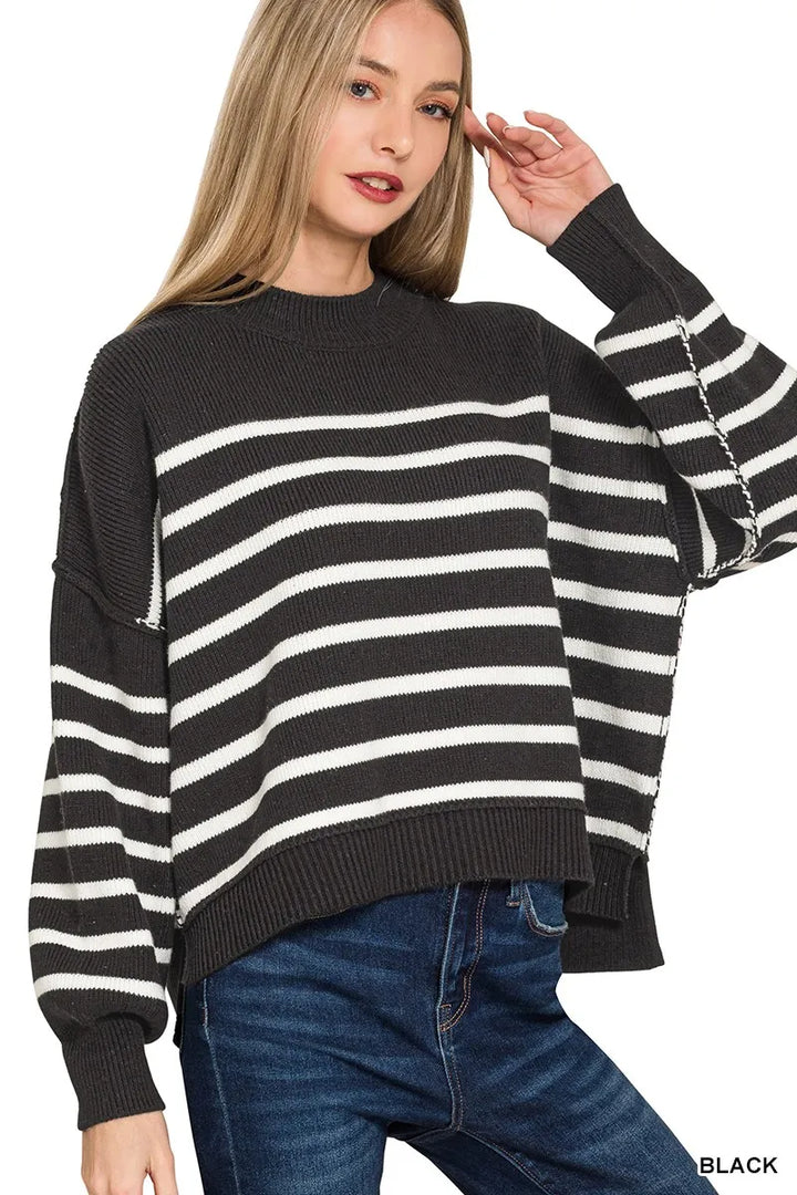 Zenana Exposed Seam Striped Oversized Sweater BLACK Sweaters