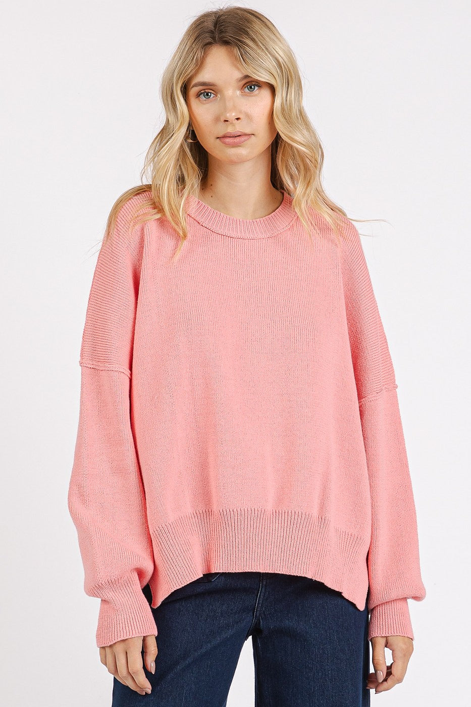 Side Slit Round Neck Drop Shoulder Sweater Pink Sweaters