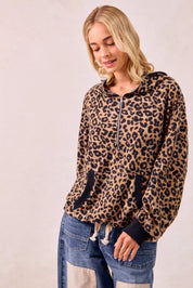 BiBi Leopard Print Waffle Half Zip Up Hoodie W Pocket | Hoodies Daverri Fashions