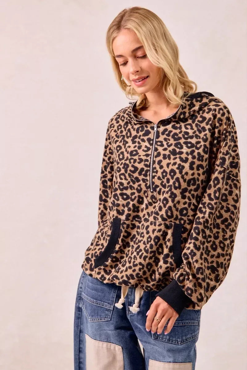 BiBi Leopard Print Waffle Half Zip Up Hoodie W Pocket - DAVERRI FASHIONS