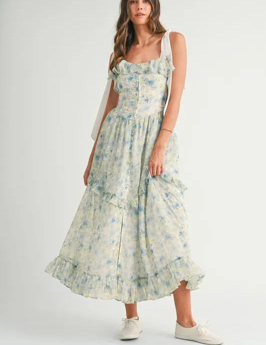 Blue MABLE Floral Printed Shoulder Strap Midi Dress | Daverri Fashions
