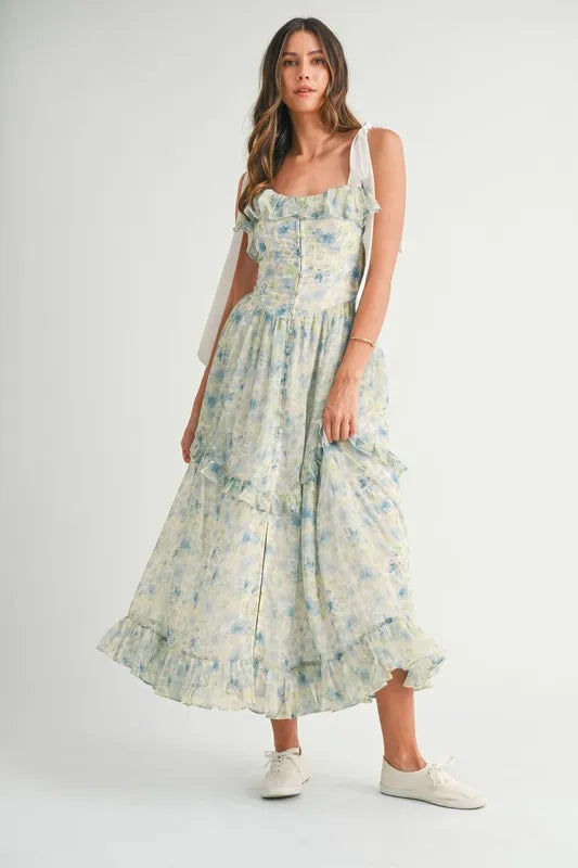 MABLE Floral Printed Shoulder Strap Midi Dress Blue