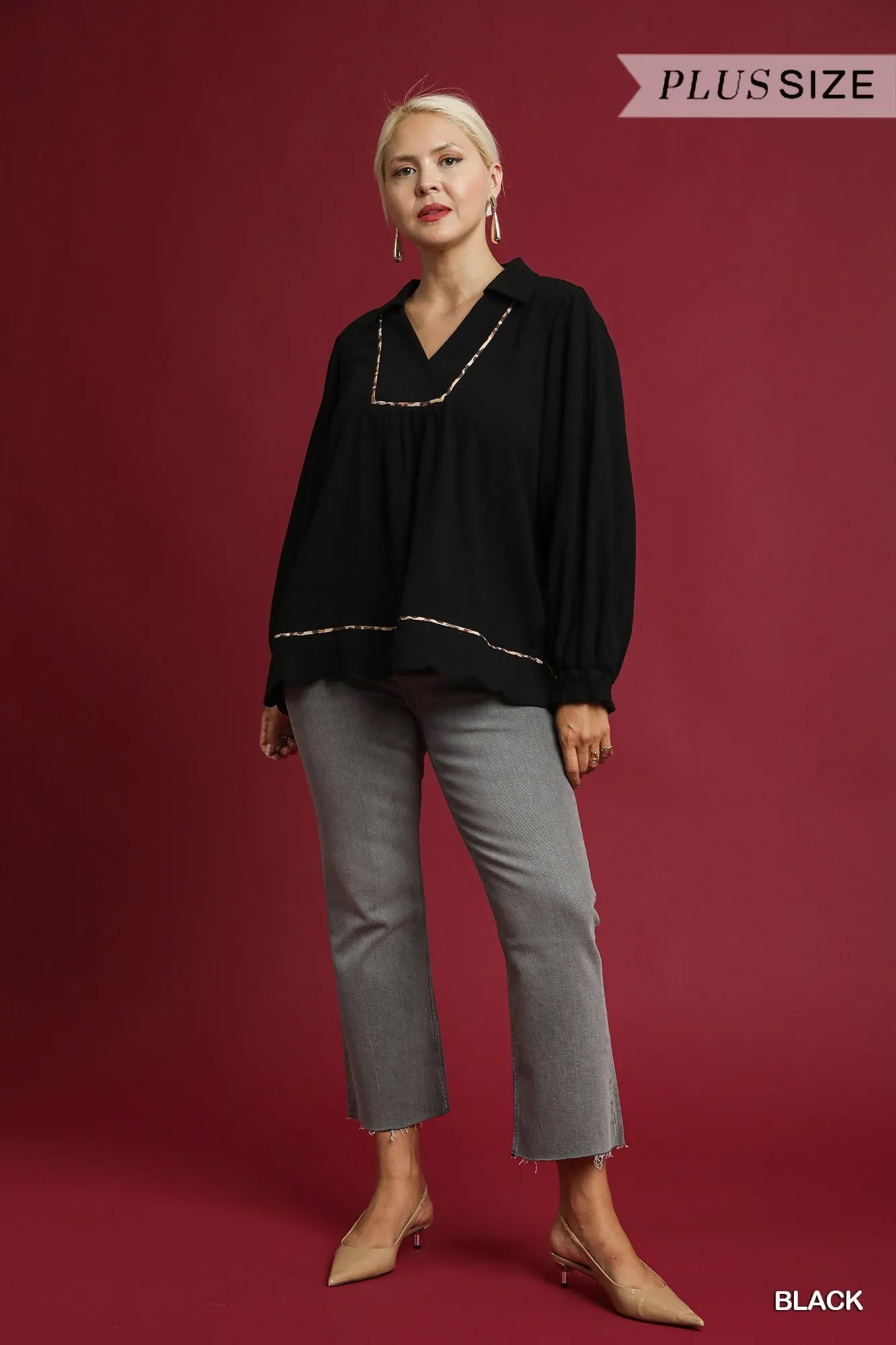 Umgee Full Size Linen Scallop Hem Blouse with Contrast Trim Plus Size | Daverri Fashions