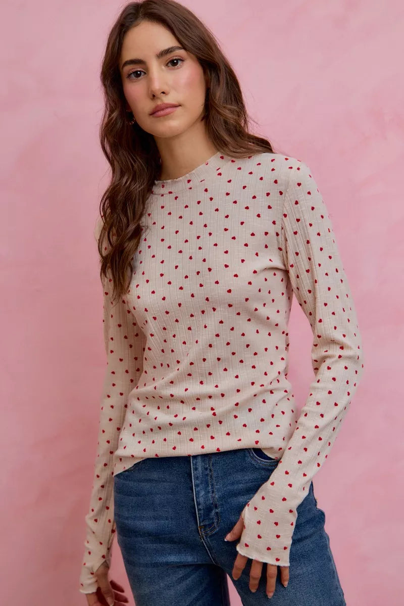 SO ME Ditsy Heart cream ribbed long-sleeve Valentine top
