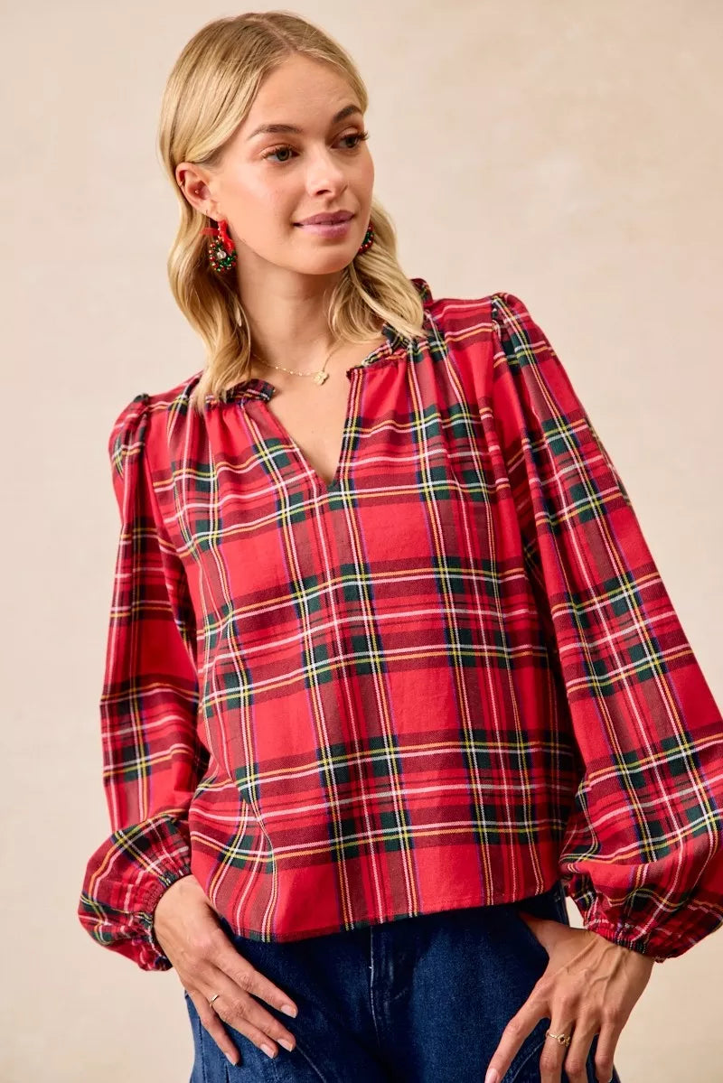 BiBi Christmas Plaid Balloon Sleeves Ruffled V-Neck Top | Daverri Fashions