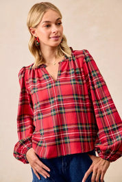 BiBi Christmas Plaid Balloon Sleeves Ruffled V-Neck Top | Daverri Fashions