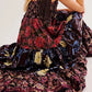 Floral tiered maxi dress in dark velvet with burgundy floral print