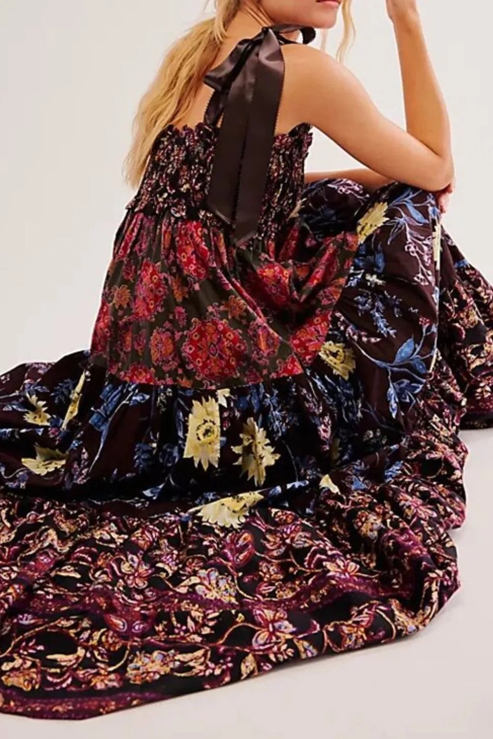 Floral tiered maxi dress in dark velvet with burgundy floral print