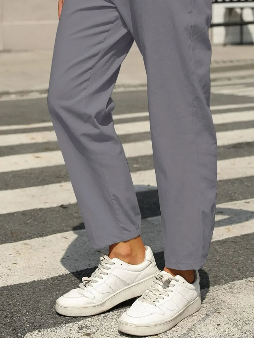 Gray Daverri tapered cotton linen pants with elastic waist