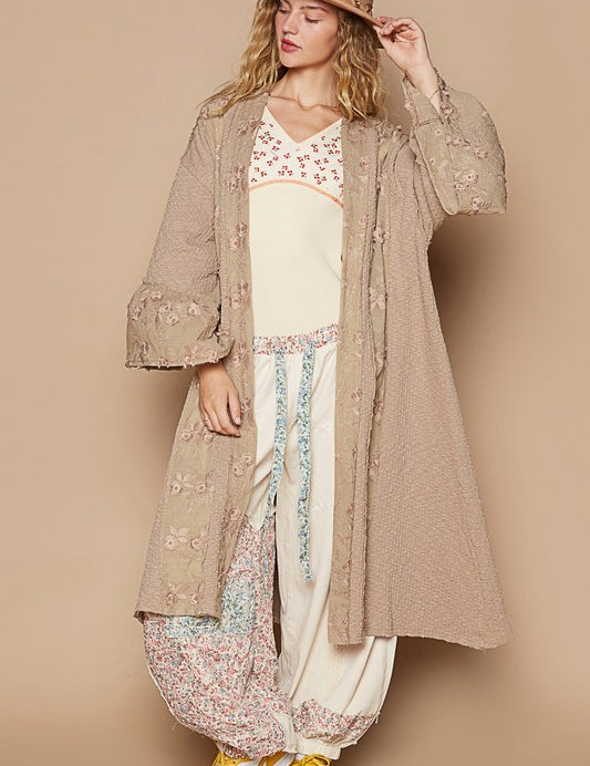 POL Flower Lace Trim Open Front Longline Cardigan Khaki