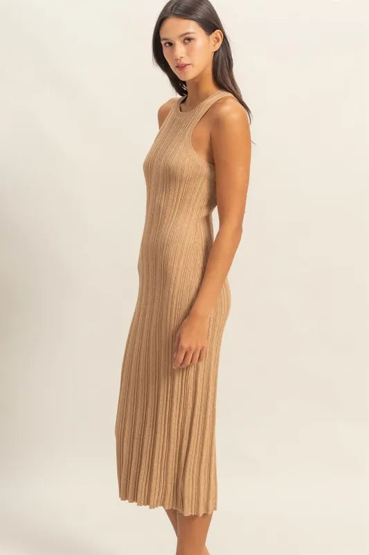HYFVE Taupe Round Neck Bodycon Ribbed Knit Dress Midi Dresses