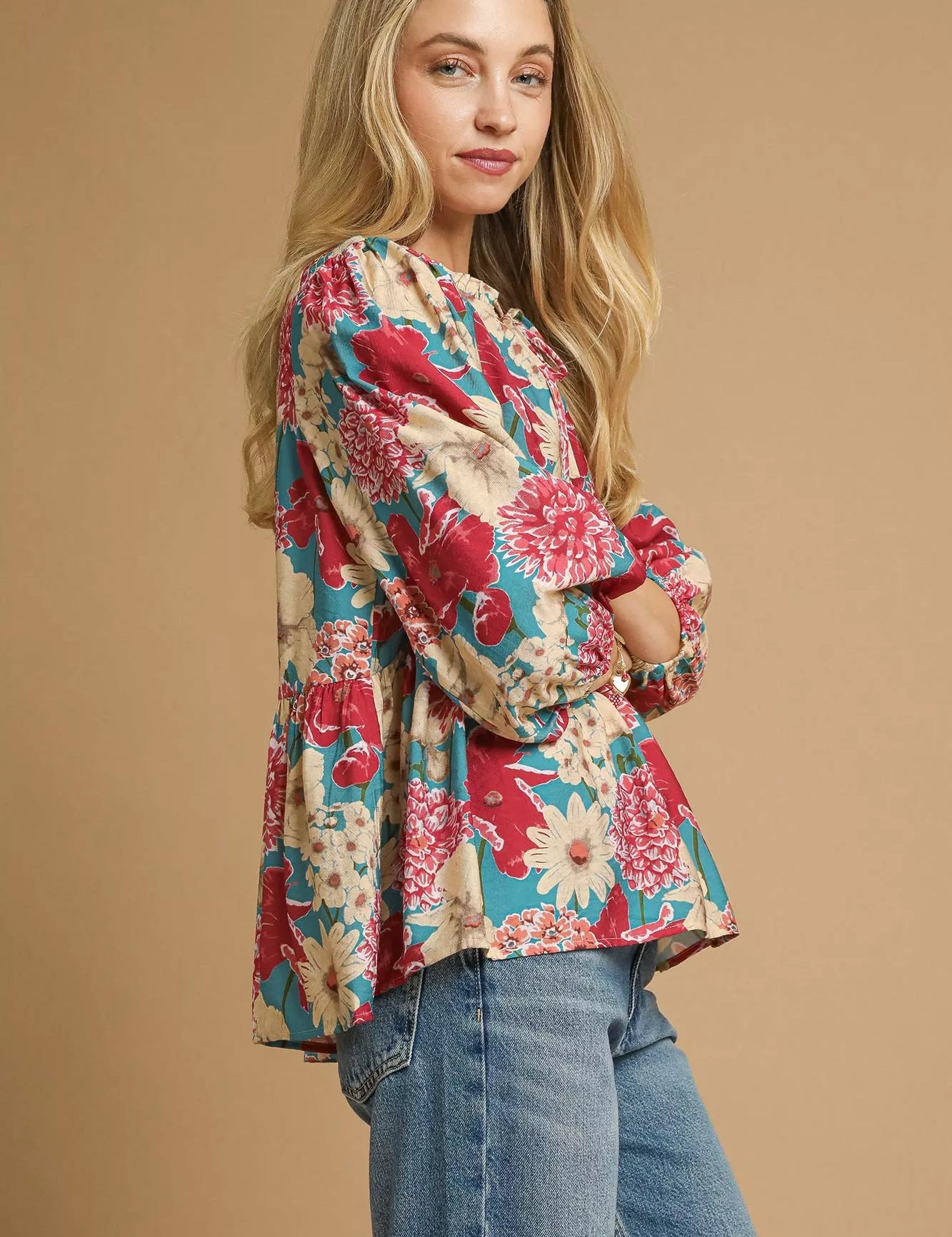 Umgee Mix Floral Peplum Blouse with Tie Neck | Blouses Daverri Fashions