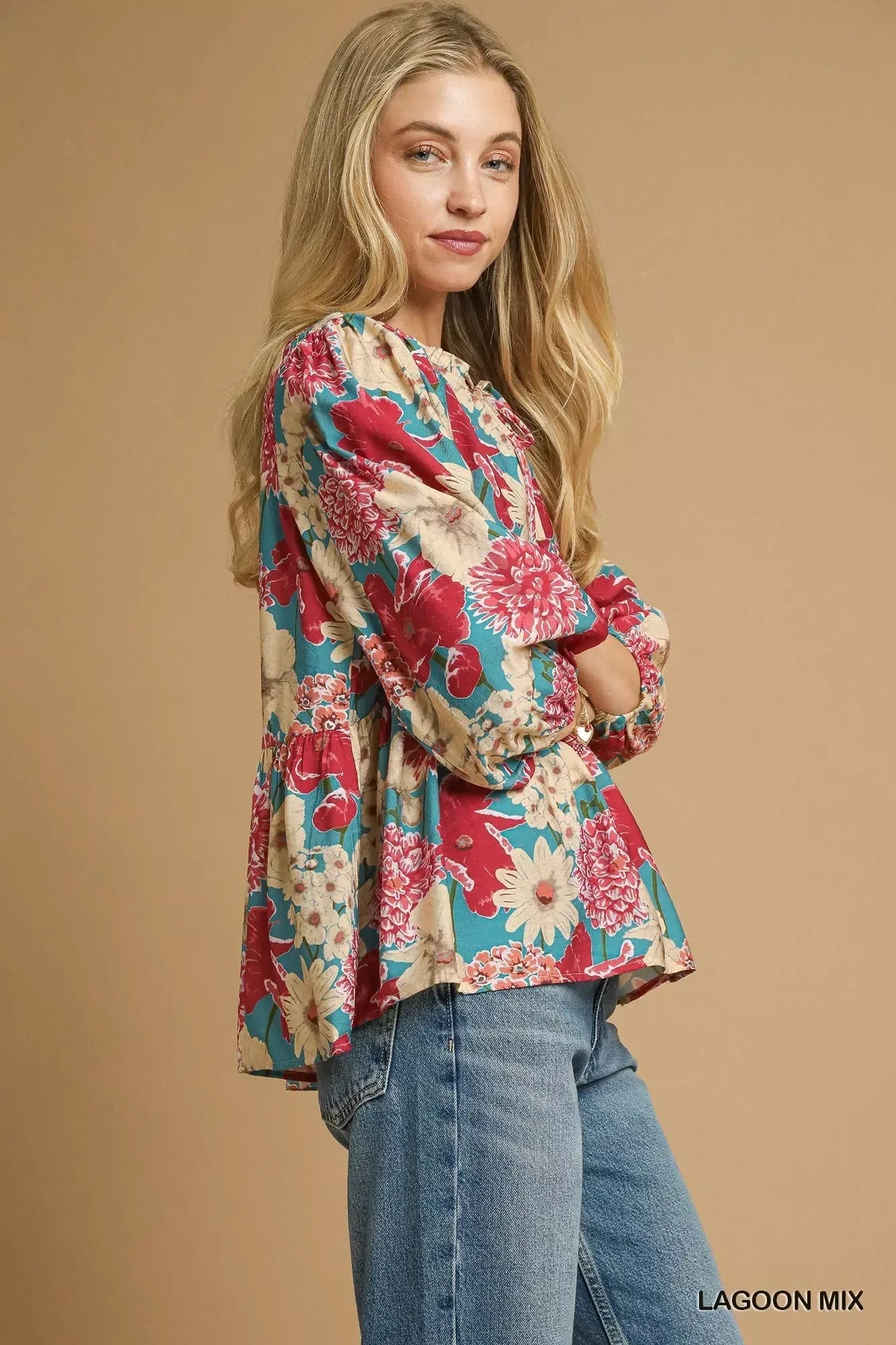 Umgee Mix Floral Peplum Blouse with Tie Neck - DAVERRI FASHIONS