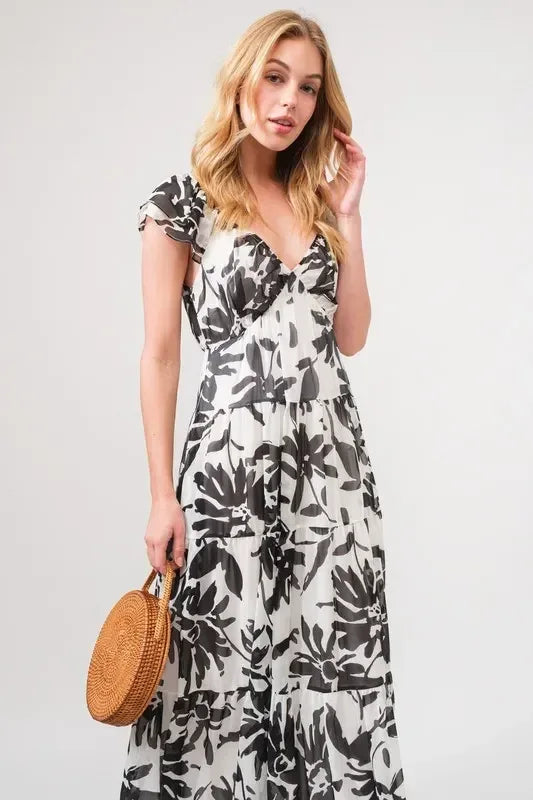 And The Why Ruffled Sleeve Tiered Floral Print Maxi Dress - DAVERRI FASHIONS