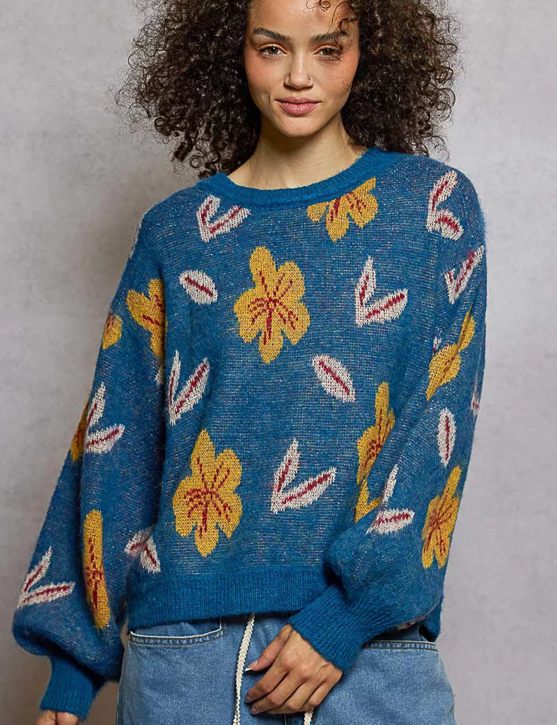 LAPIS BLUE POL Floral Pattern Round Neck Balloon Sleeve Sweater | Sweaters Daverri Fashions