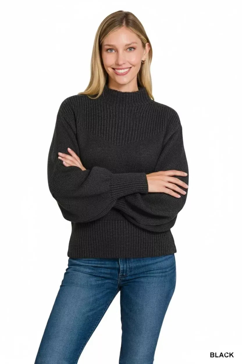 Zenana Black Balloon Sleeve Mock Neck Sweater - DAVERRI FASHIONS
