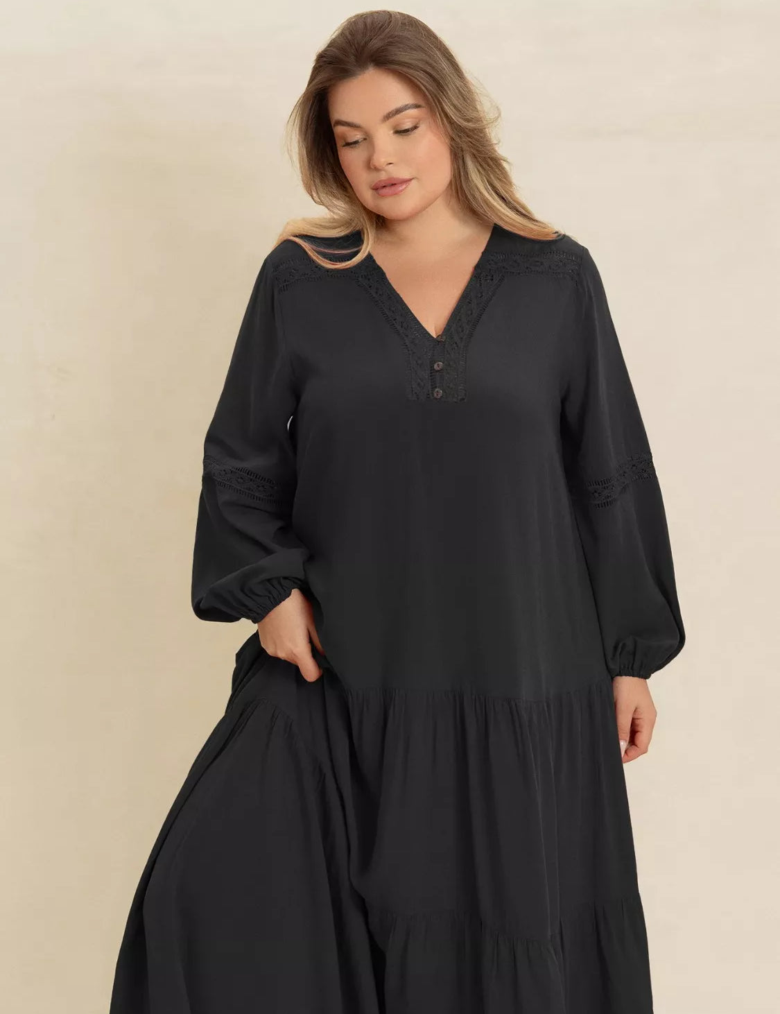Plus Size Bohemian Tiered Maxi Dress with Balloon Sleeves | Maxi Dresses Daverri Fashions