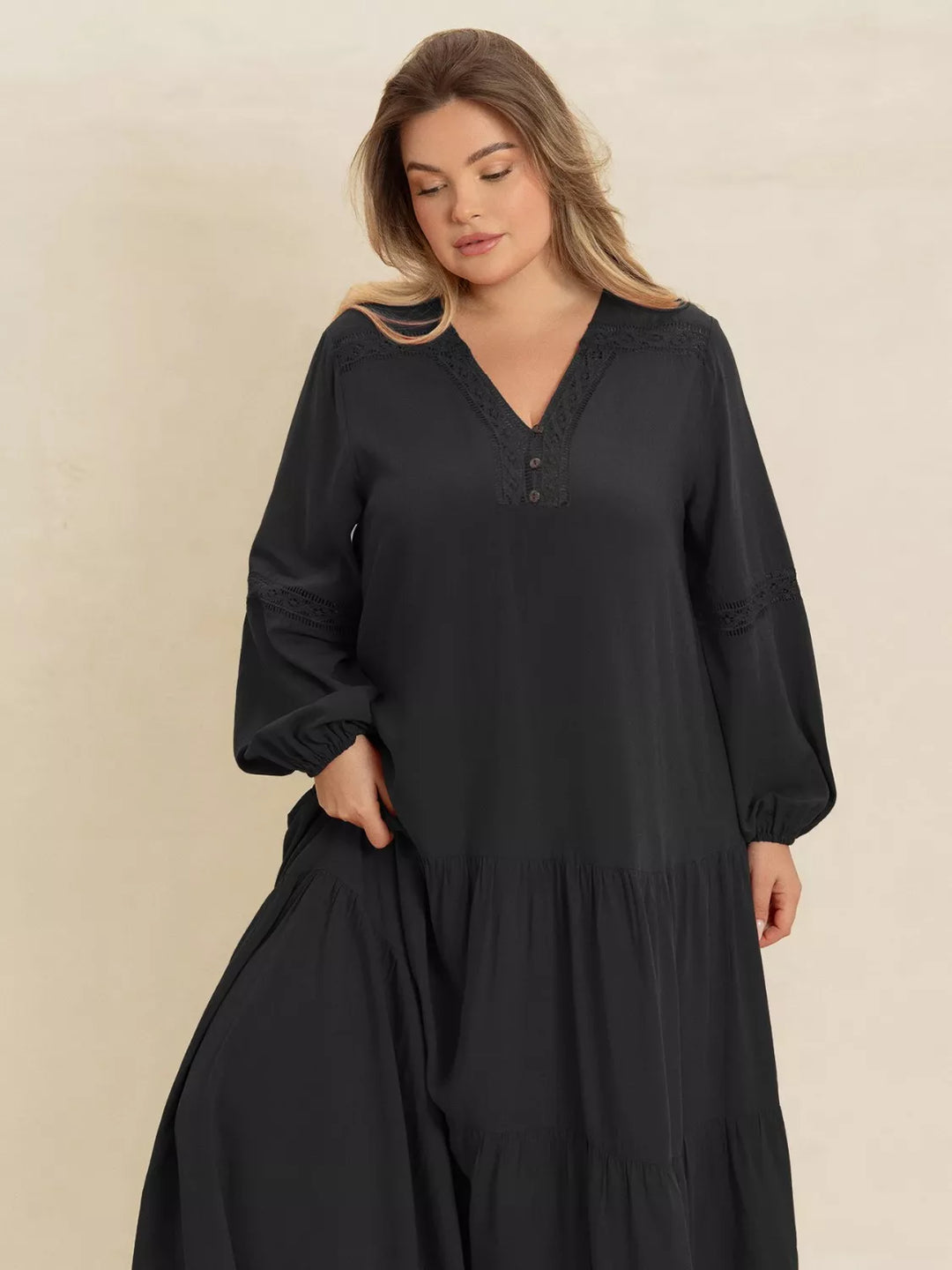 Plus Size Bohemian Tiered Maxi Dress with Balloon Sleeves | Maxi Dresses Daverri Fashions