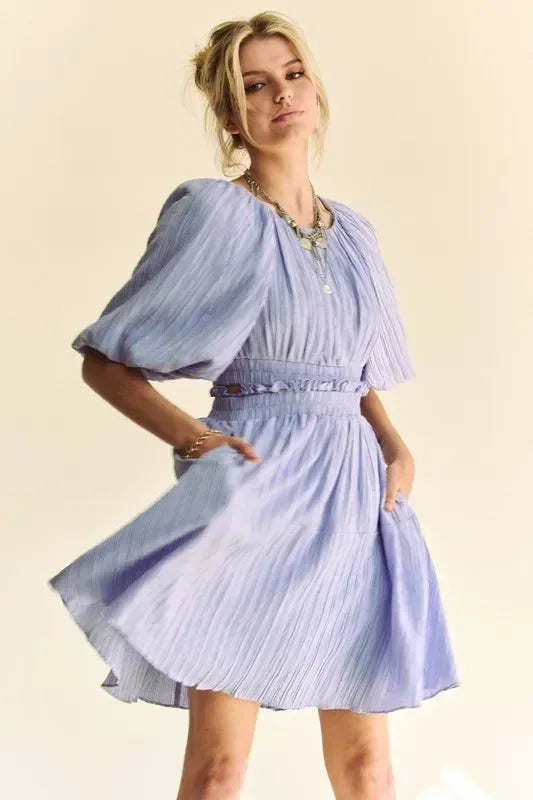 Davi & Dani Back Button Puff Sleeve Mini Dress - DAVERRI FASHIONS