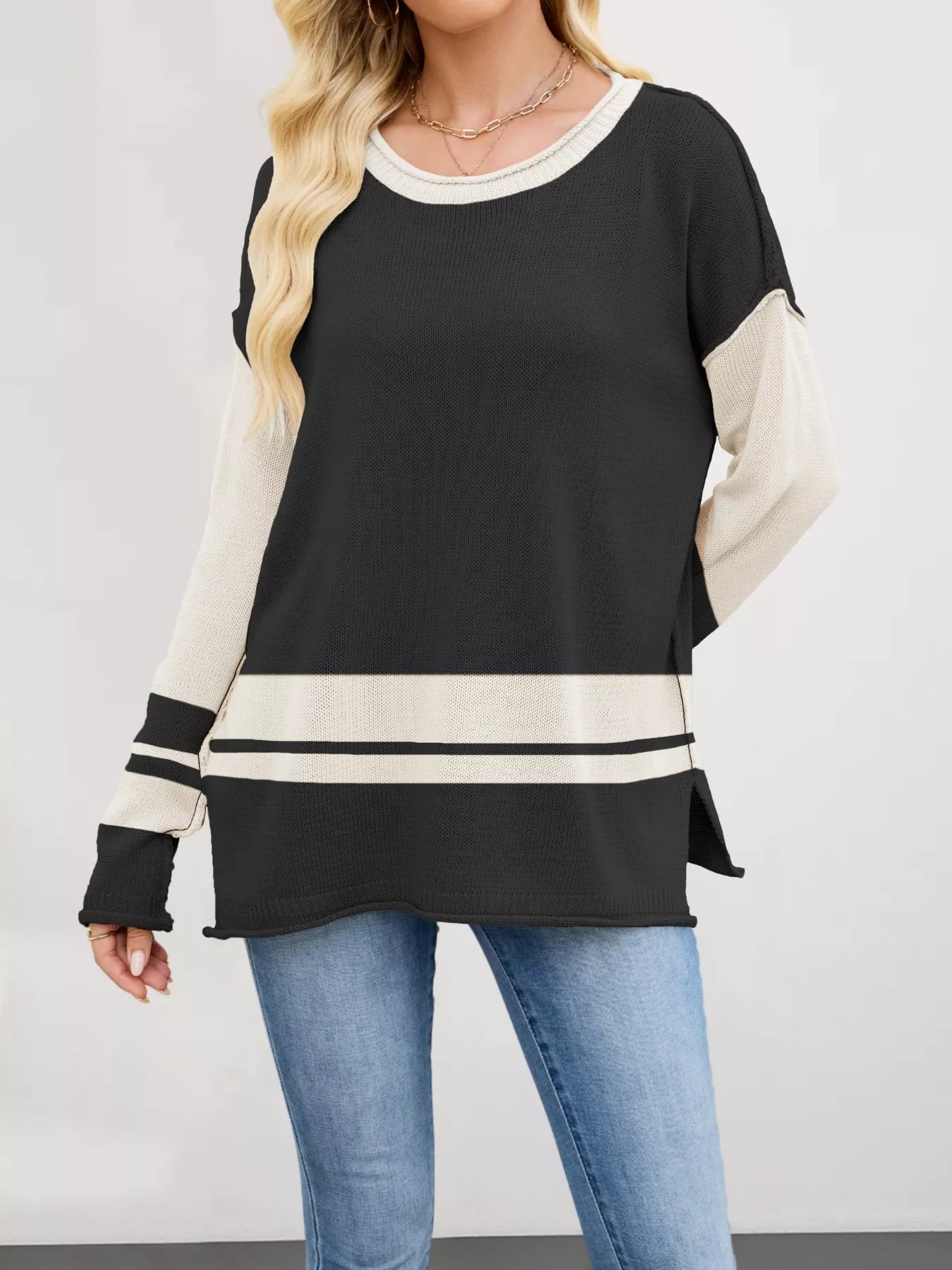 Black and cream color-blocked Color Block Side Slit Sweater with ribbed texture