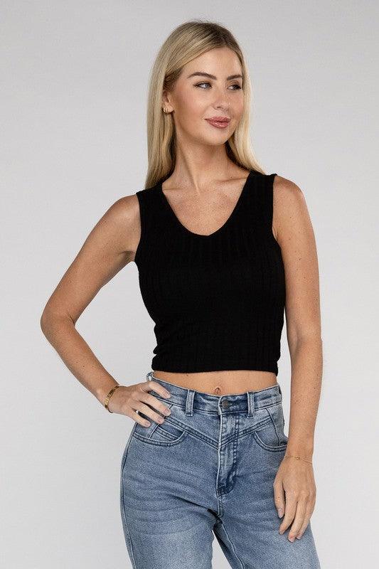 Ribbed Scoop Neck Cropped Sleeveless Top Tank Tops