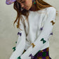 Purple sequined hat with gold floral embroidery for SO ME Mardi Gras top