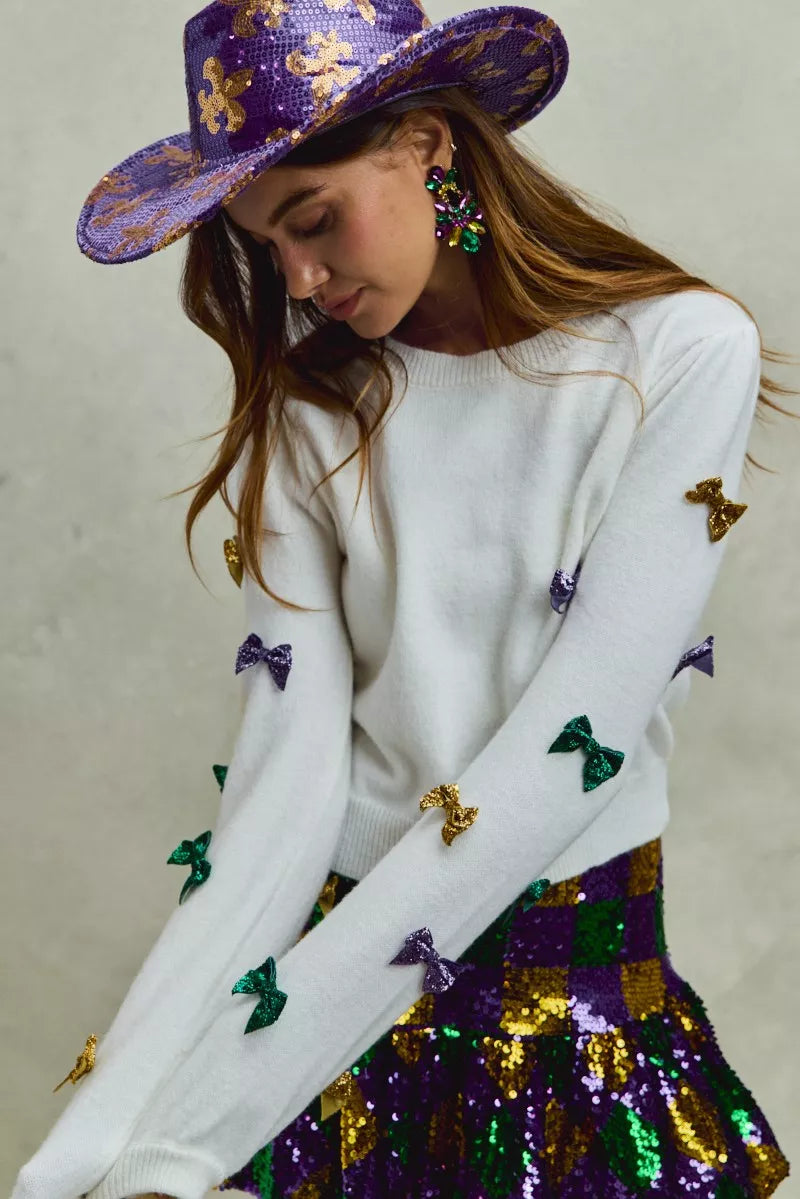 Purple sequined hat with gold floral embroidery for SO ME Mardi Gras top