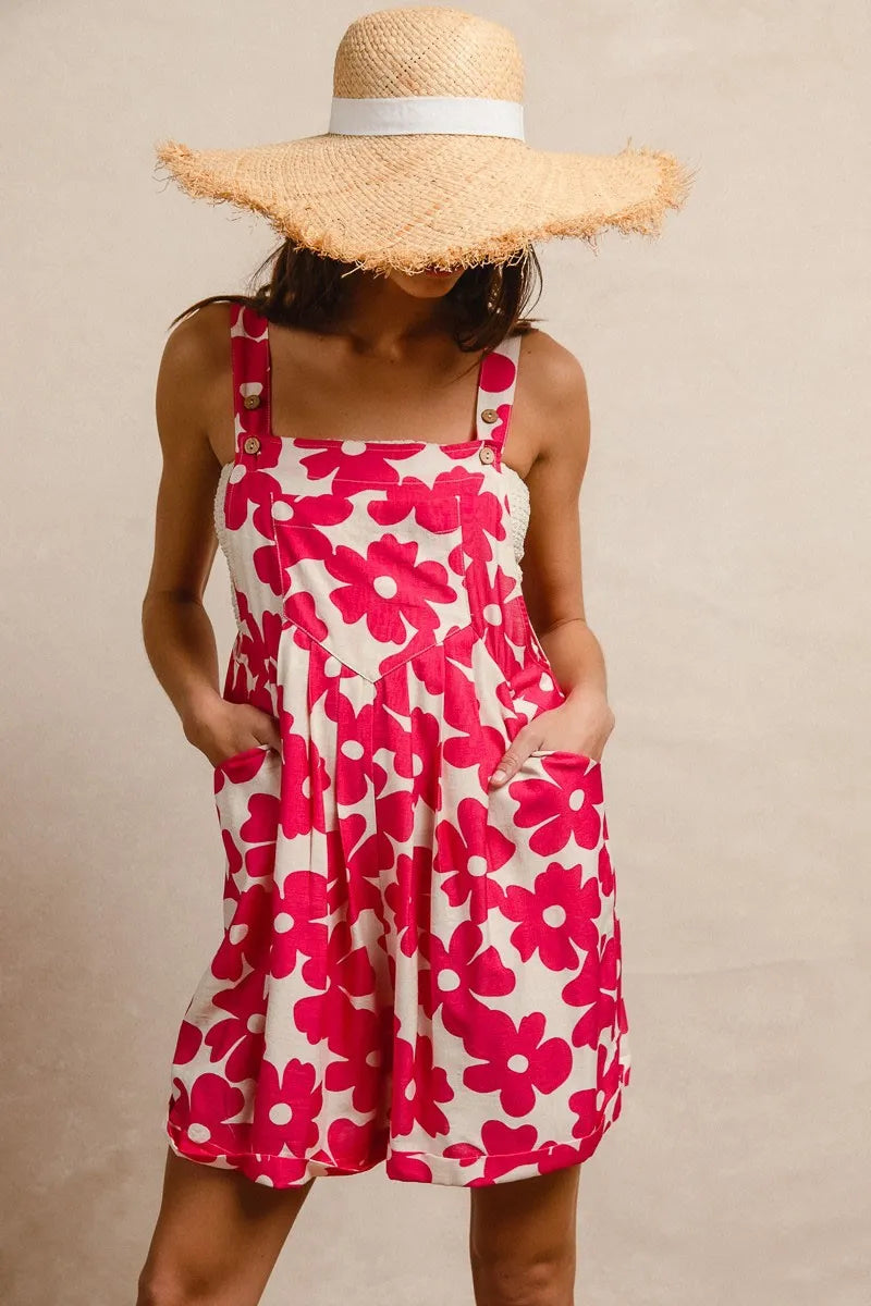 BiBi Floral Prints Tuck Detail Short Overall With Pockets Overalls