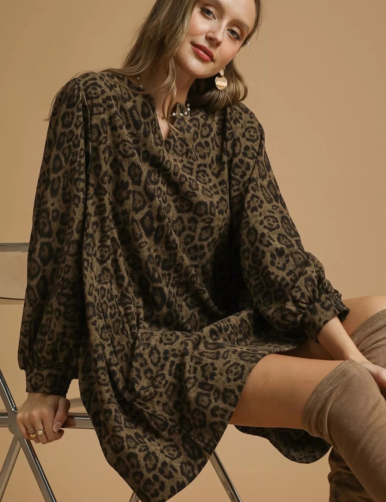 Umgee Leopard Print Long Sleeve Swing Dress | Mini Dresses Daverri Fashions