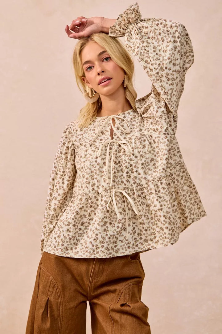 BiBi Floral Printed Peplum Blouse with Shirring and Tied | Blouses Daverri Fashions