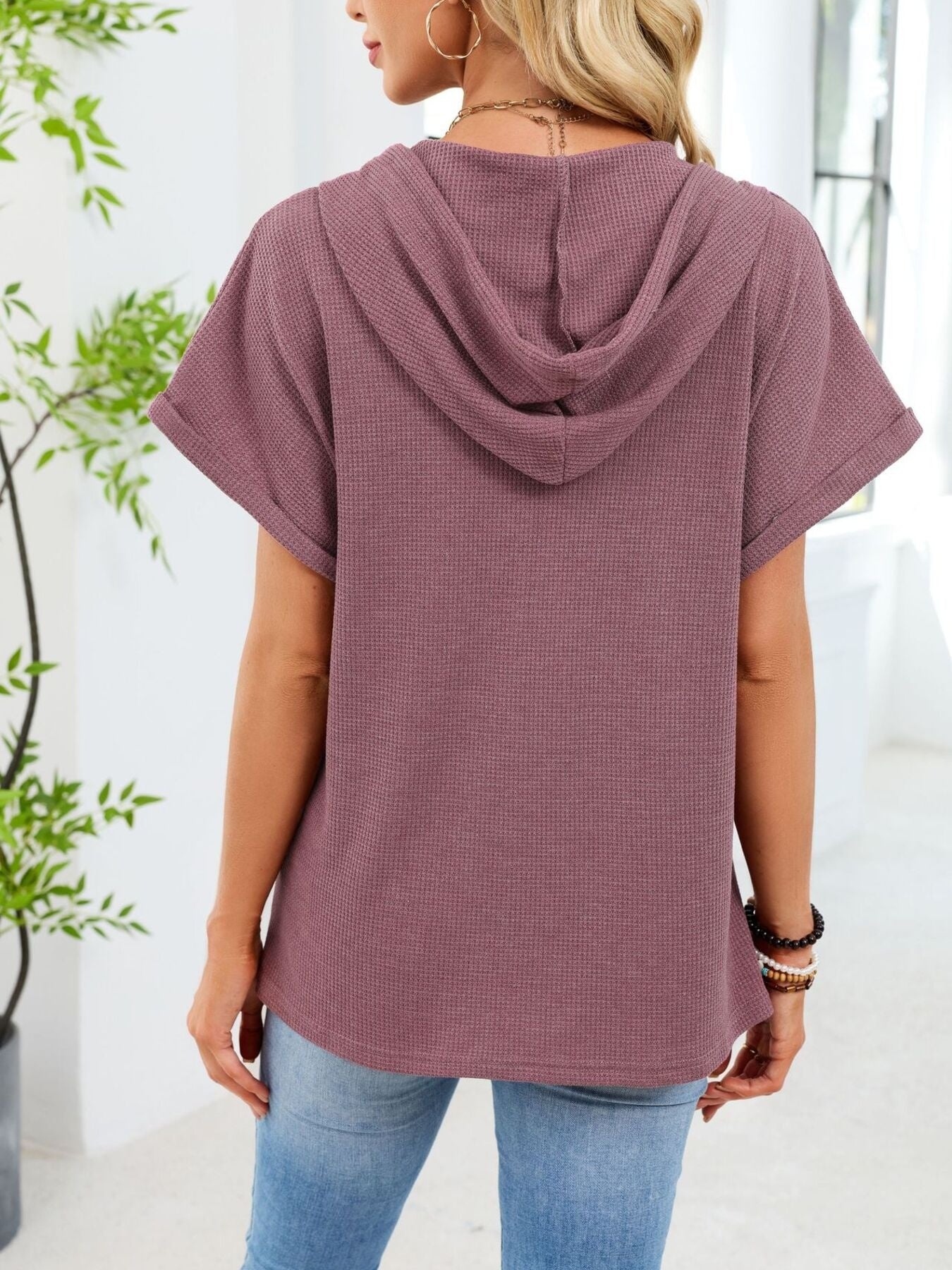 Daverri mauve waffle knit button detail hooded top, relaxed fit