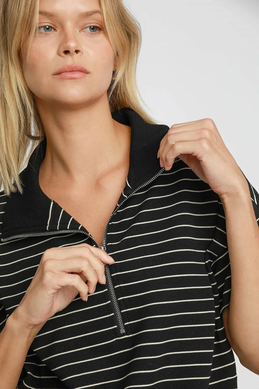 Umgee Striped Half Zip Short Sleeve Sweatshirt Sweatshirts