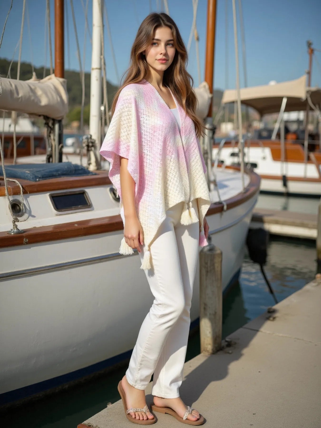Daverri openwork tassel gradient knit cover up in soft pink and cream